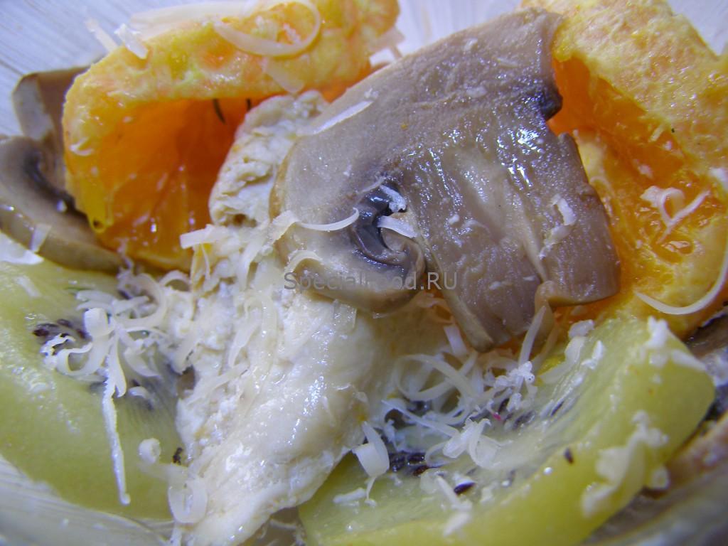 Куриная грудка с апельсином, киви и грибами
